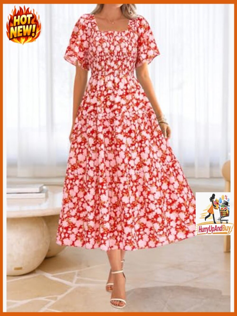 Boho Floral Maxi Dress Smocked Bust Square Neck Short Sleeve Casual Beach - Picture 2 of 7